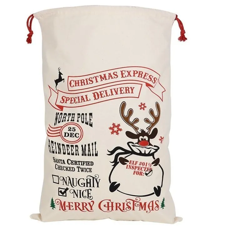 50x70cm Canvas Hessian Christmas Santa Sack Xmas Stocking Reindeer Kids Gift Bag, Cream - Reindeer Mail (2)