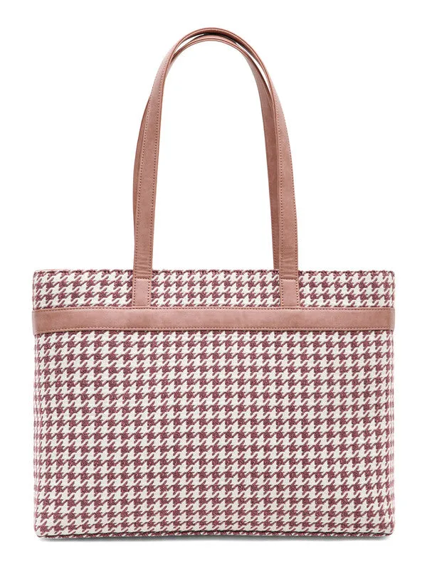 Berrylush Women Pink & White Houndstooth Printed Two-Handle Zipper-Up Oversized Handheld Bag