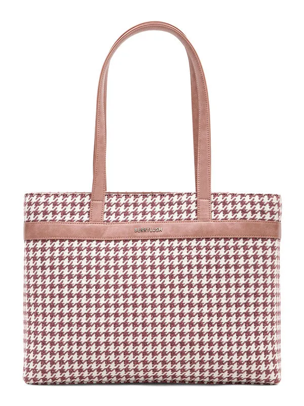 Berrylush Women Pink & White Houndstooth Printed Two-Handle Zipper-Up Oversized Handheld Bag