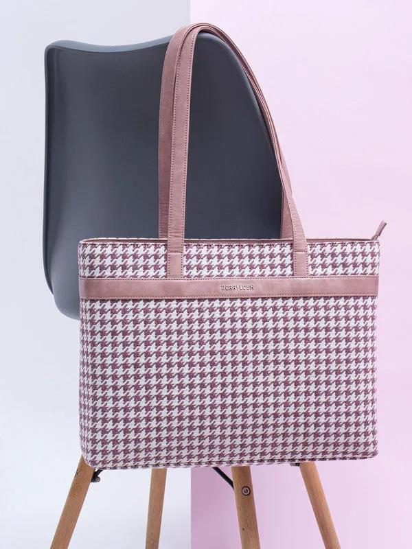 Berrylush Women Pink & White Houndstooth Printed Two-Handle Zipper-Up Oversized Handheld Bag