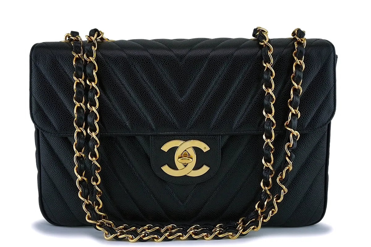 Chanel 1994 Vintage Black Chevron Caviar Maxi "Jumbo XL" Classic Flap Bag 24k GHW