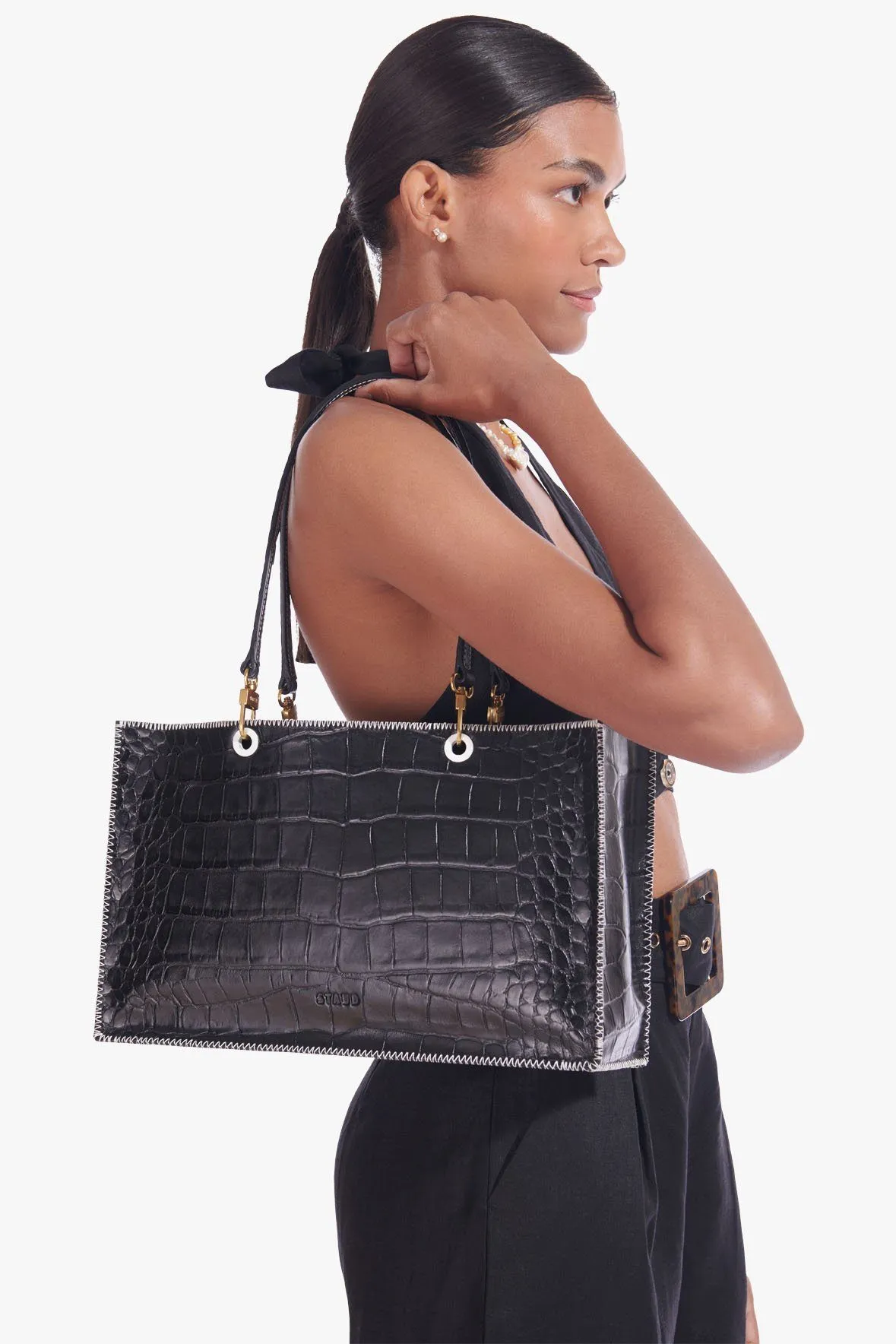 LARGE GEMMA TOTE BAG | BLACK CROC EMBOSSED