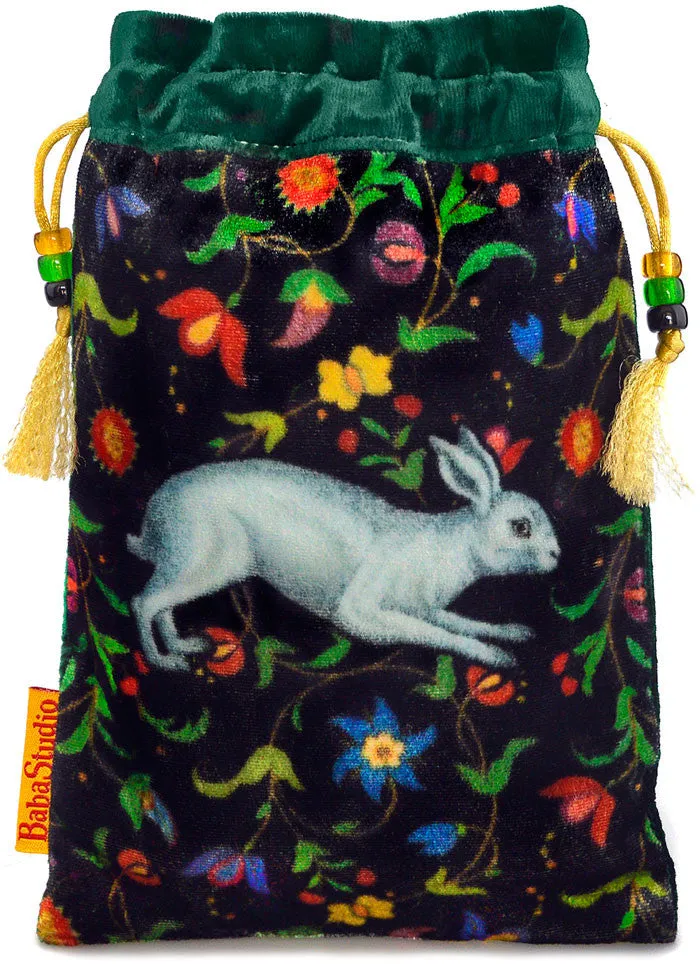 The White Rabbit bag. Printed on silk velvet. Green velvet version.