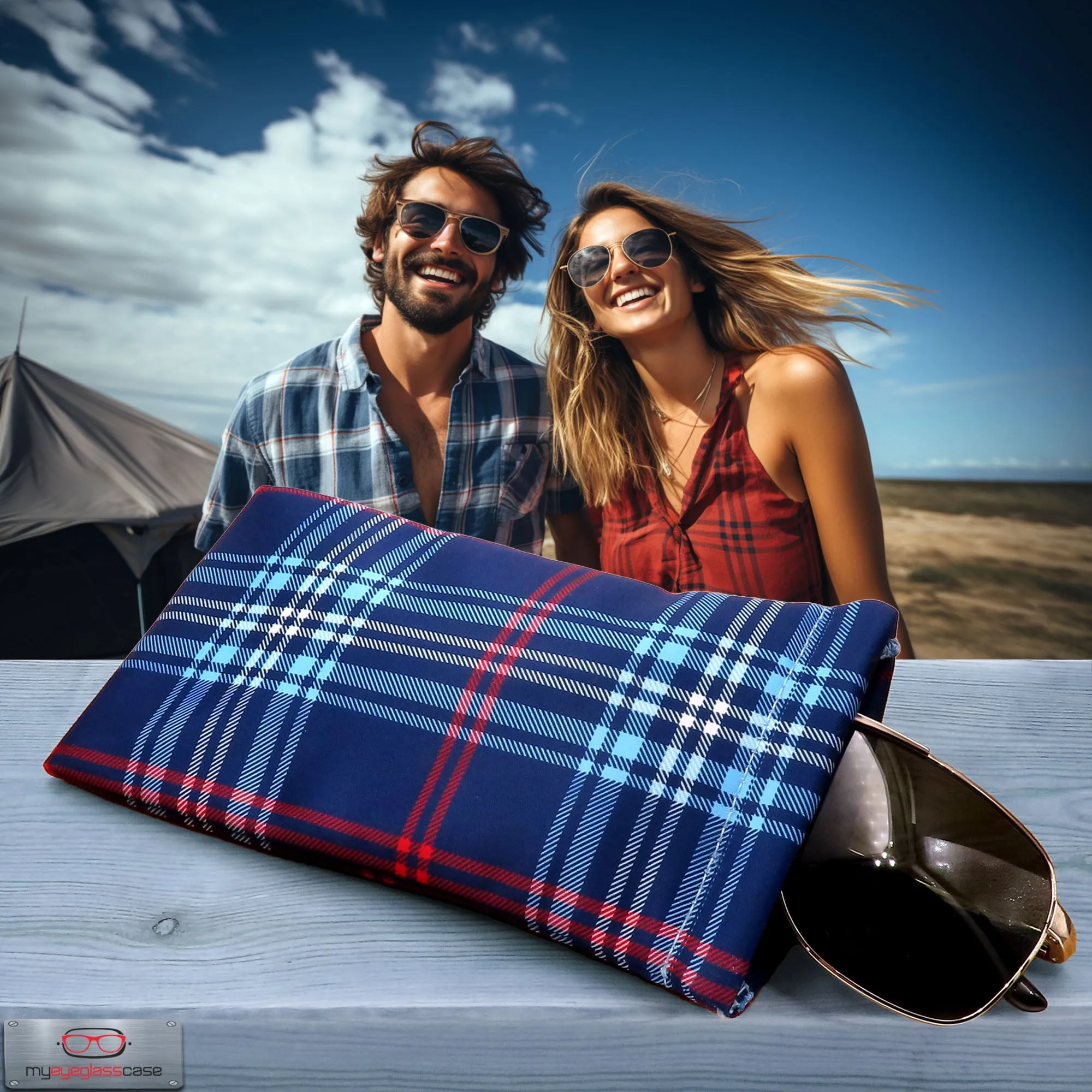 XL Soft Sunglasses Case in Plaid Microfiber print - Eyeglass Pouch Squeeze Top - Glasses Case w/ Cloth - Smart Phone Case (CT8 PLAID)